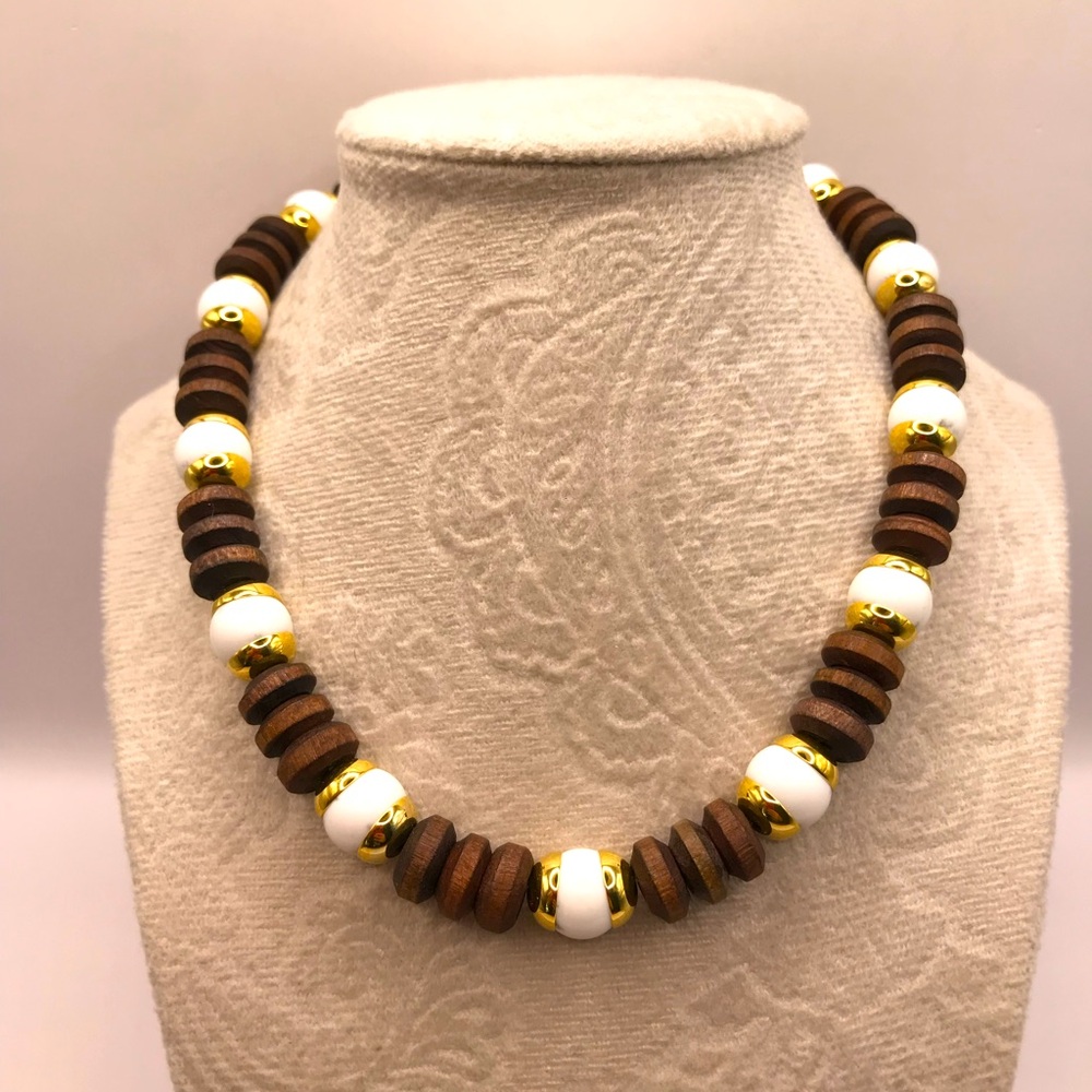 Elegant Wooden &Acrylic Bead Necklace with Gold Accents